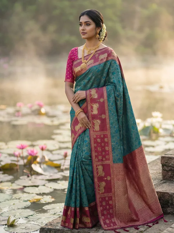Teal_Blue_Pink_Soft_Silk_Nandi_Zari_Border_Saree_For_Women