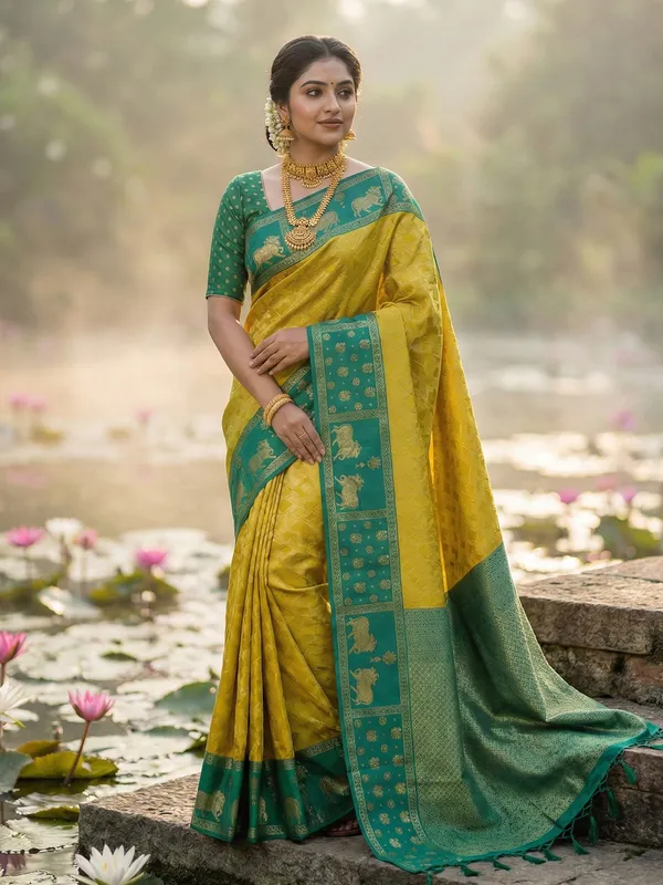 Yellow_Green_Soft_Silk_Nandi_Zari_Border_Woven_Saree_For_Women