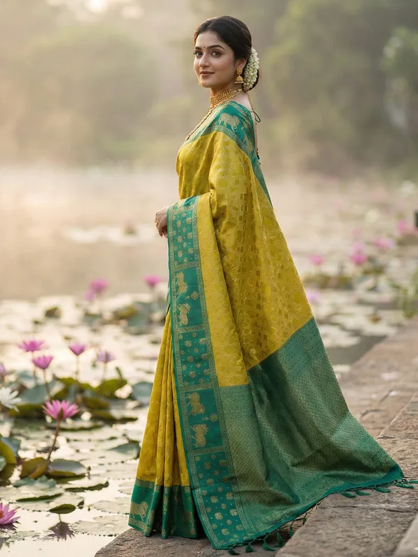 Yellow_Green_Soft_Silk_Nandi_Zari_Border_Woven_Saree_For_Women