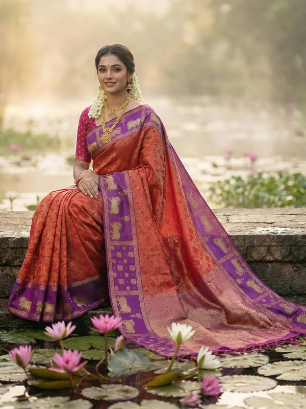 Rust_Orange_Soft_Silk_Purple_Nandi_Zari_Border_Saree_For_Women