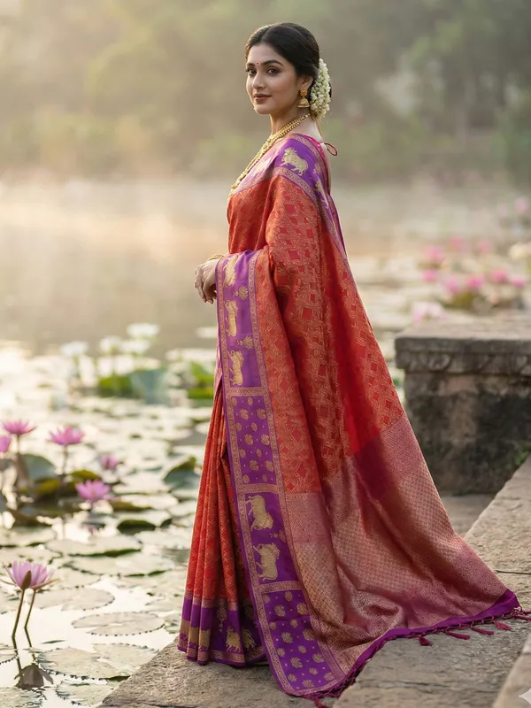 Rust_Orange_Soft_Silk_Purple_Nandi_Zari_Border_Saree_For_Women