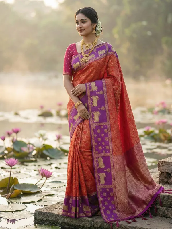 Rust_Orange_Soft_Silk_Purple_Nandi_Zari_Border_Saree_For_Women