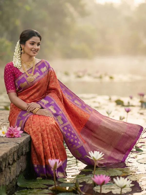 Rust_Orange_Soft_Silk_Purple_Nandi_Zari_Border_Saree_For_Women