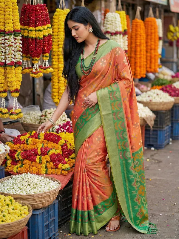Orange_Green_Pochampalli_Soft_Silk_Ikat_Woven_Saree_For_Women