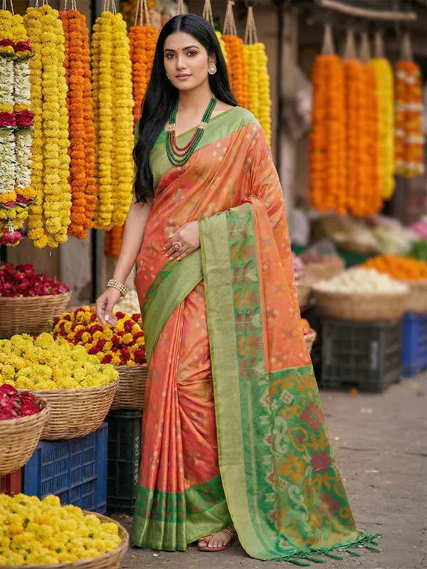 Orange_Green_Pochampalli_Soft_Silk_Ikat_Woven_Saree_For_Women