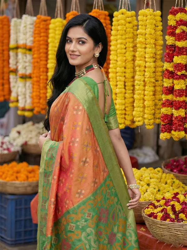 Orange_Green_Pochampalli_Soft_Silk_Ikat_Woven_Saree_For_Women