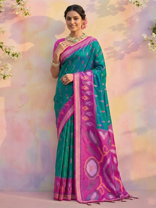 Teal_Blue_Pochampalli_Silk_Woven_Saree_For_Women