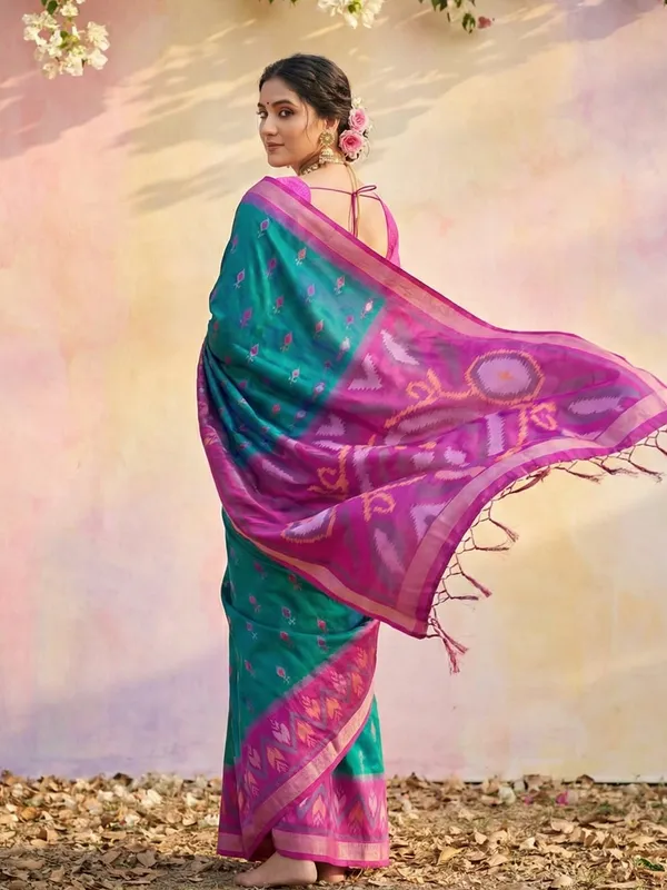 Teal_Blue_Pochampalli_Silk_Woven_Saree_For_Women