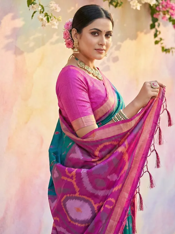 Teal_Blue_Pochampalli_Silk_Woven_Saree_For_Women
