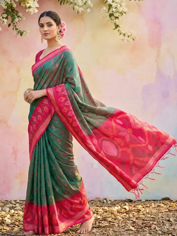 Olive_Green_Pochampalli_Silk_Ikat_Woven_Border_Saree_For_Women