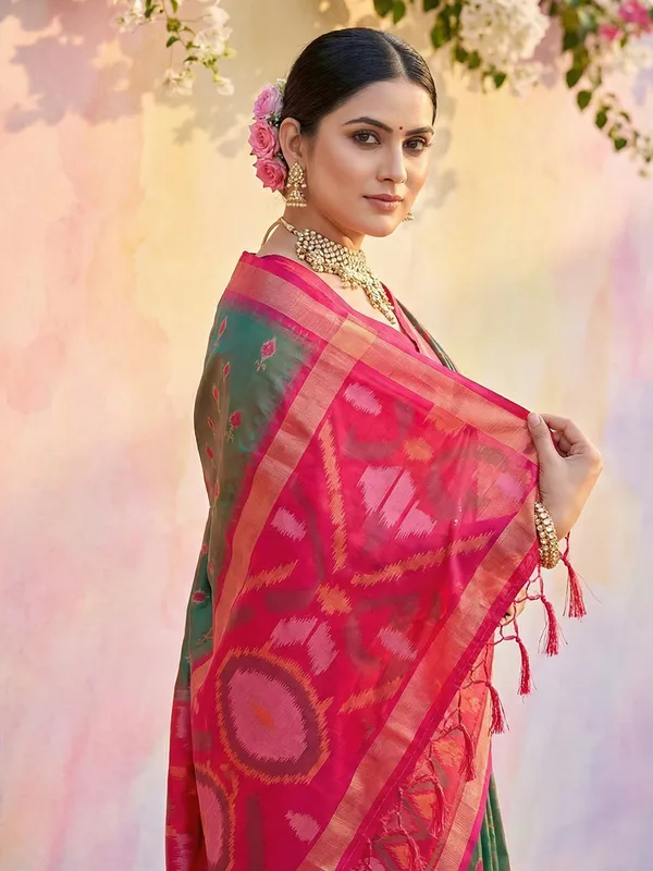 Olive_Green_Pochampalli_Silk_Ikat_Woven_Border_Saree_For_Women