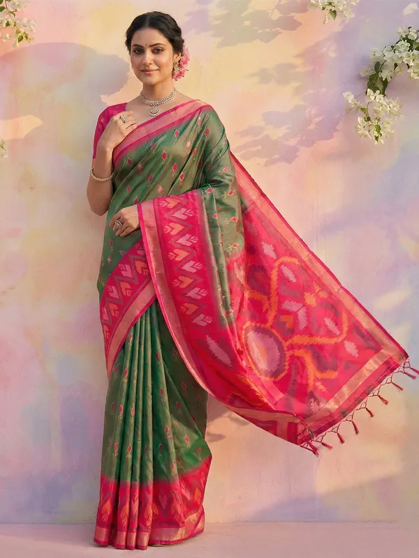Olive_Green_Pochampalli_Silk_Ikat_Woven_Border_Saree_For_Women