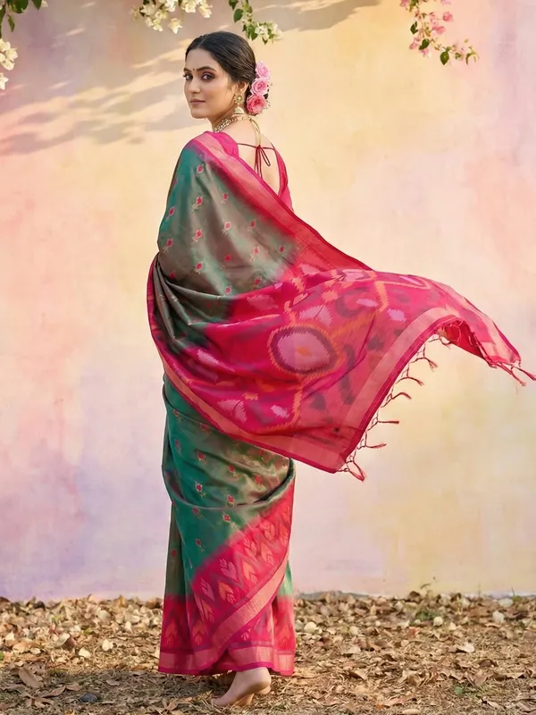 Olive_Green_Pochampalli_Silk_Ikat_Woven_Border_Saree_For_Women