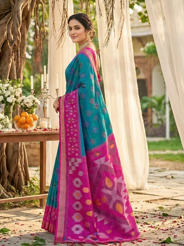 Teal_Blue_Pochampalli_Silk_Ikkat_Woven_Saree_For_Women