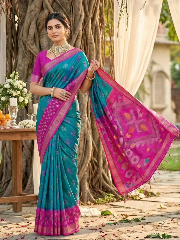 Teal_Blue_Pochampalli_Silk_Ikkat_Woven_Saree_For_Women