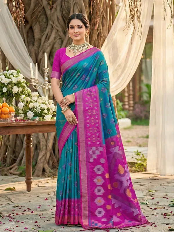 Teal_Blue_Pochampalli_Silk_Ikkat_Woven_Saree_For_Women