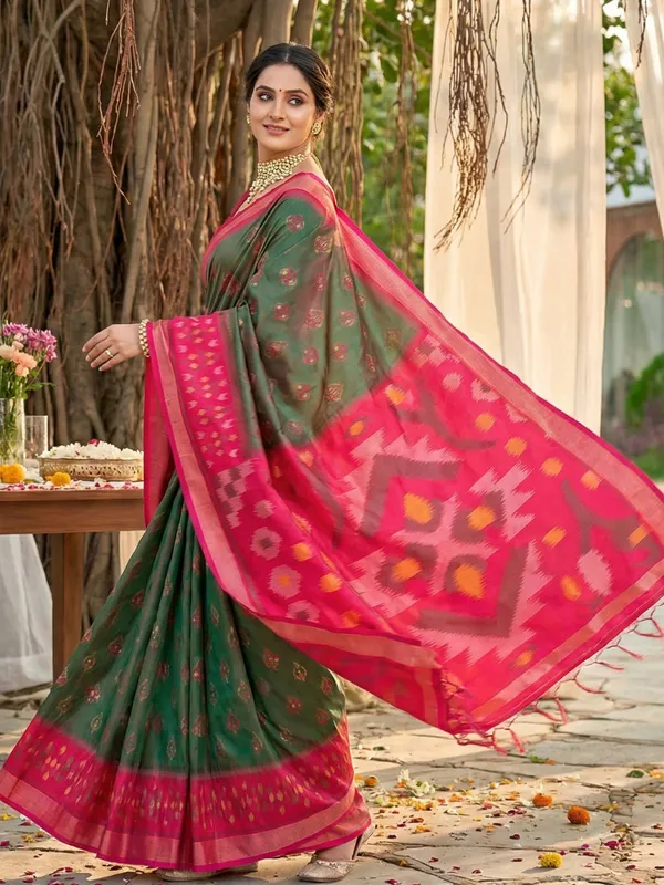 Olive_Green_Pochampalli_Silk_Ikat_Woven_Saree_For_Women