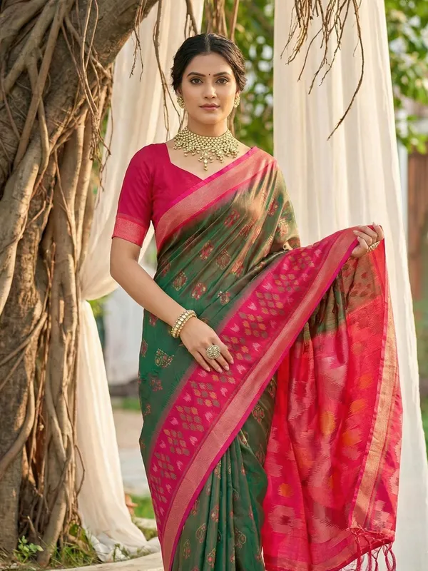 Olive_Green_Pochampalli_Silk_Ikat_Woven_Saree_For_Women