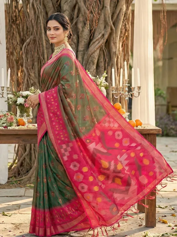 Olive_Green_Pochampalli_Silk_Ikat_Woven_Saree_For_Women