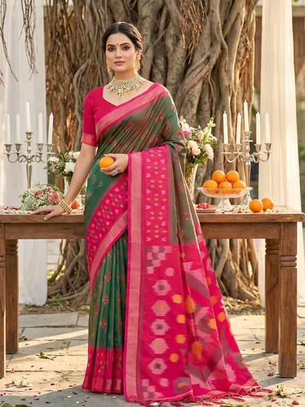 Olive_Green_Pochampalli_Silk_Ikat_Woven_Saree_For_Women
