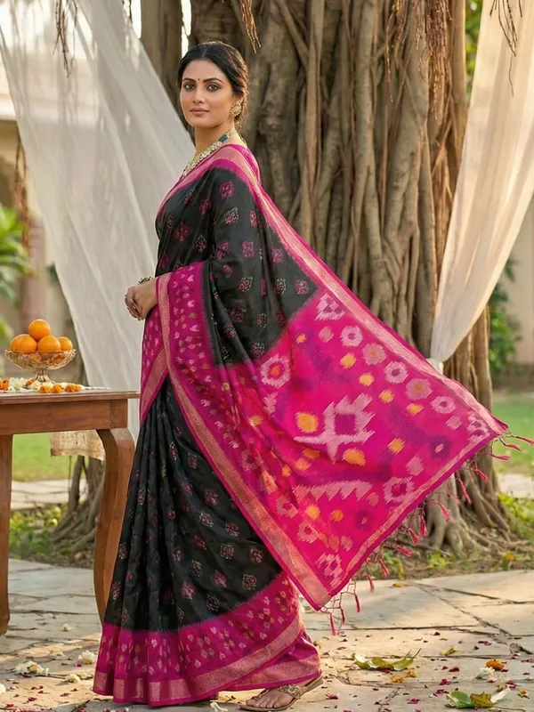 Black_Pochampalli_Silk_Ikat_Woven_Contrast_Border_Saree_For_Women