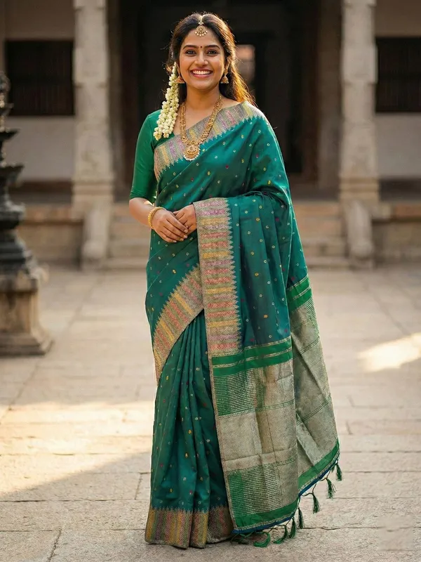 Bottle_Green_Semi_Silk_Zari_Woven_Banarasi_Style_Saree_For_Women