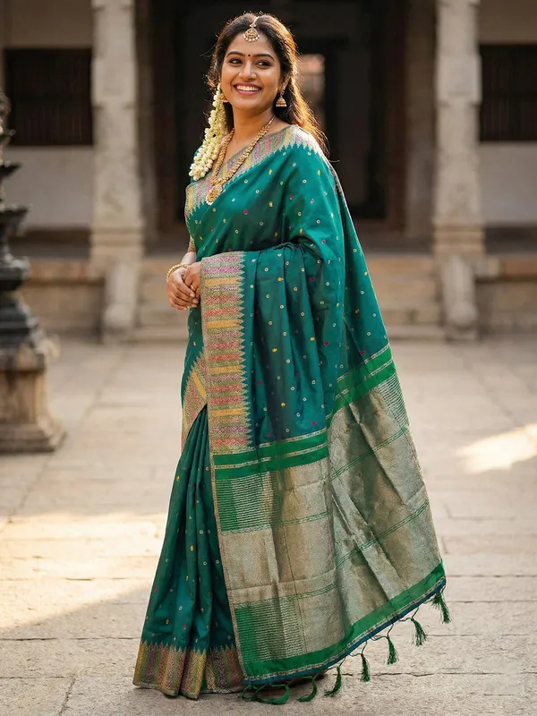 Bottle_Green_Semi_Silk_Zari_Woven_Banarasi_Style_Saree_For_Women