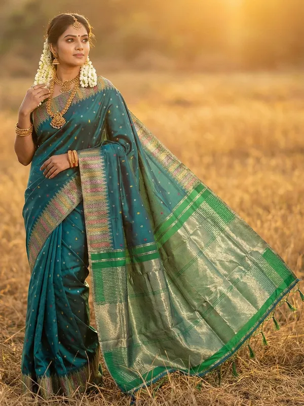 Bottle_Green_Silk_Banarasi_Style_Zari_Woven_Temple_Saree_For_Women