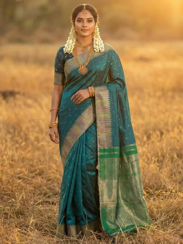 Bottle_Green_Silk_Banarasi_Style_Zari_Woven_Temple_Saree_For_Women