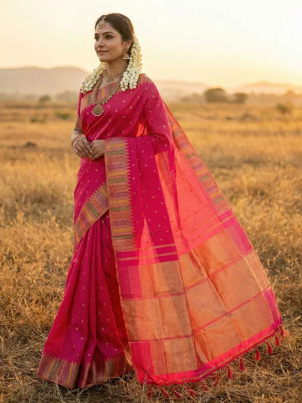 Hot_Rani_Pink_Lichi_Silk_Zari_Woven_Bridal_Saree_For_Women
