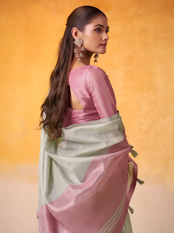 Mint_Green_Pink_Tissue_Linen_Solid_Zari_Border_Saree_For_Women