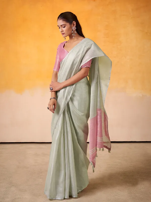 Mint_Green_Pink_Tissue_Linen_Solid_Zari_Border_Saree_For_Women