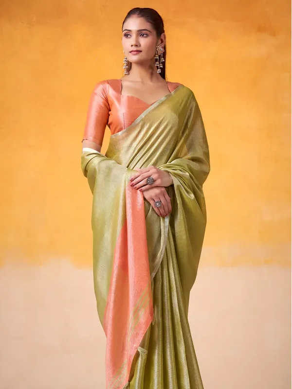 Lime_Green_Peach_Tissue_Linen_Zari_Border_Saree_For_Women