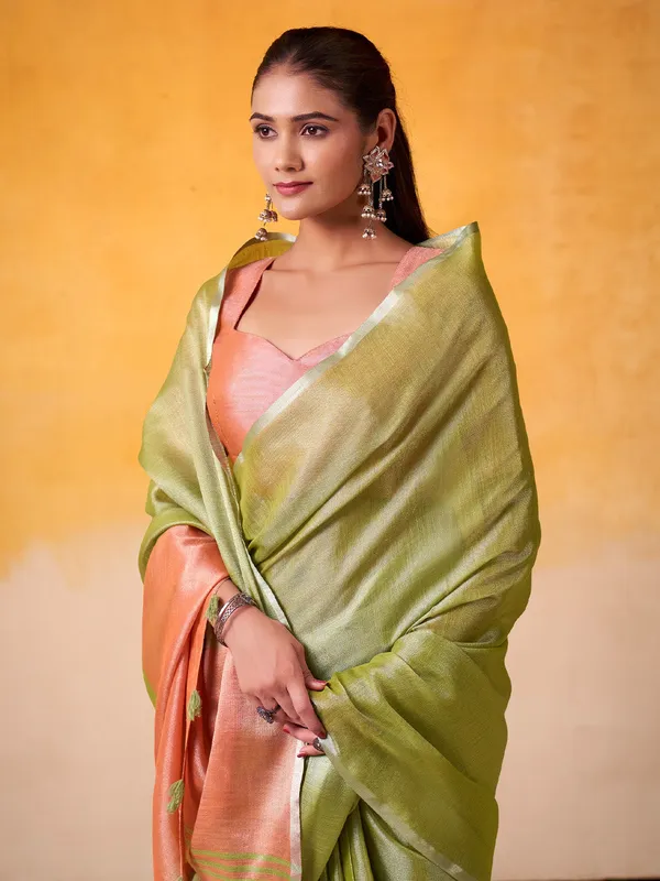 Lime_Green_Peach_Tissue_Linen_Zari_Border_Saree_For_Women