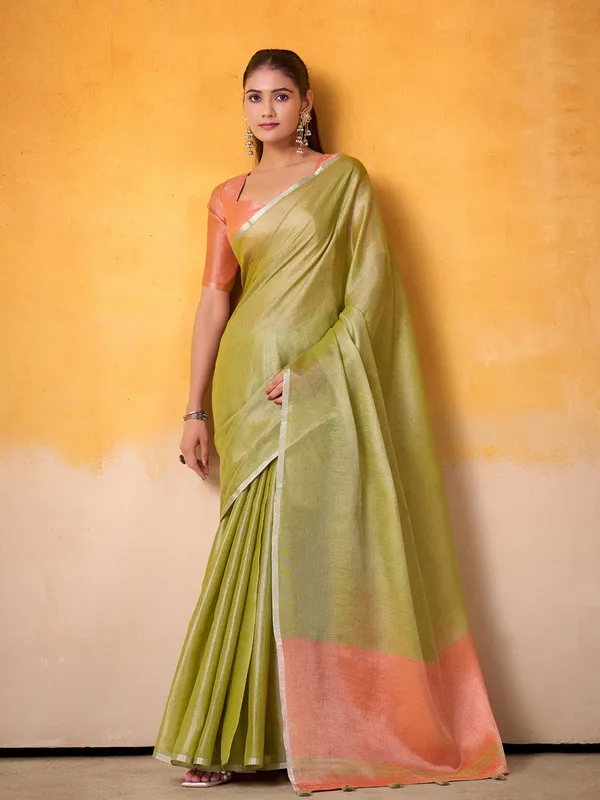 Lime_Green_Peach_Tissue_Linen_Zari_Border_Saree_For_Women