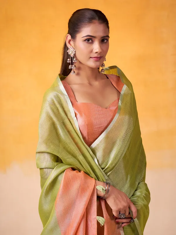 Lime_Green_Peach_Tissue_Linen_Zari_Border_Saree_For_Women