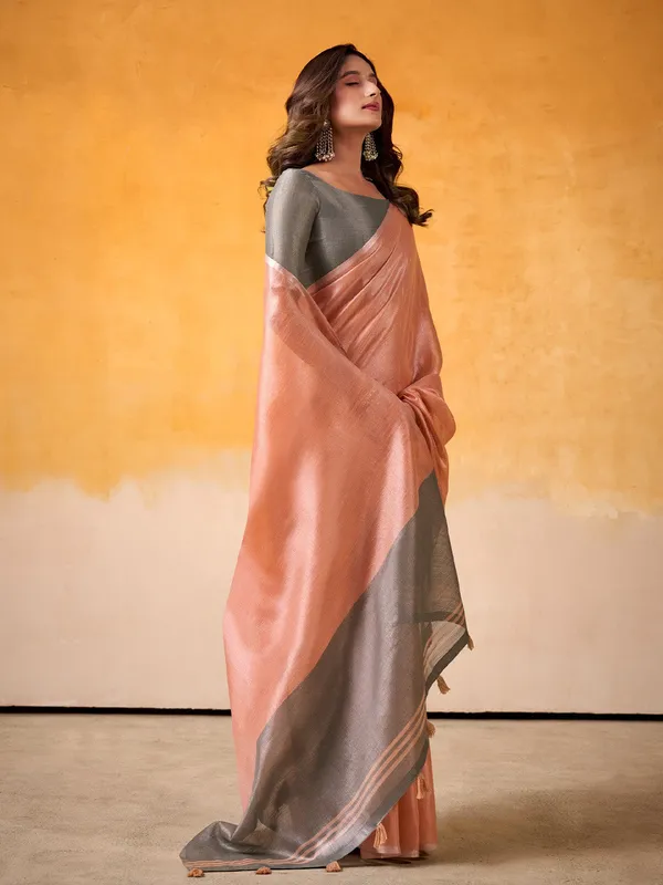 Peach_Grey_Tissue_Linen_Solid_Zari_Border_Saree_For_Women