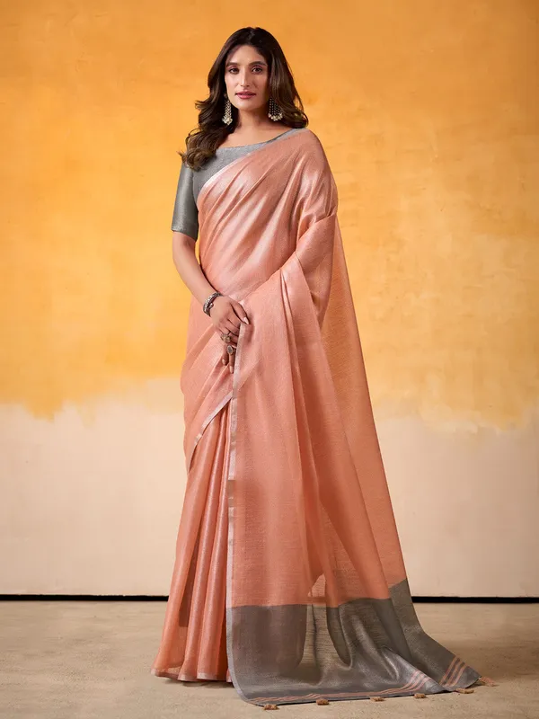 Peach_Grey_Tissue_Linen_Solid_Zari_Border_Saree_For_Women
