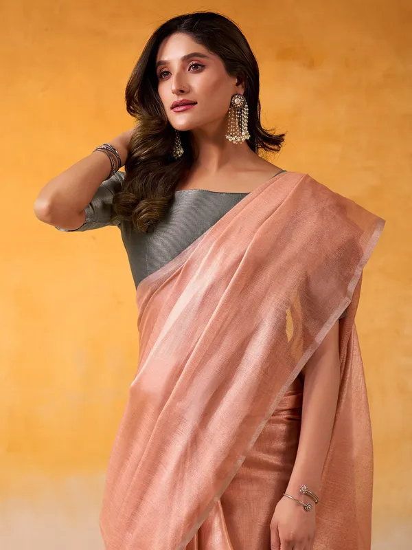 Peach_Grey_Tissue_Linen_Solid_Zari_Border_Saree_For_Women