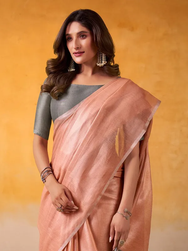 Peach_Grey_Tissue_Linen_Solid_Zari_Border_Saree_For_Women