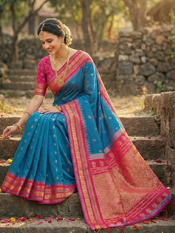 Blue_Banarasi_Silk_Golden_Zari_Floral_Jaal_Saree_For_Women