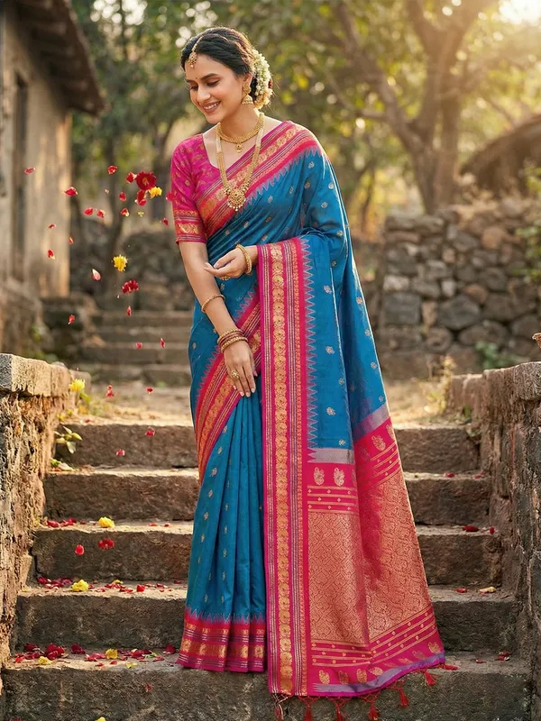 Blue_Banarasi_Silk_Golden_Zari_Floral_Jaal_Saree_For_Women