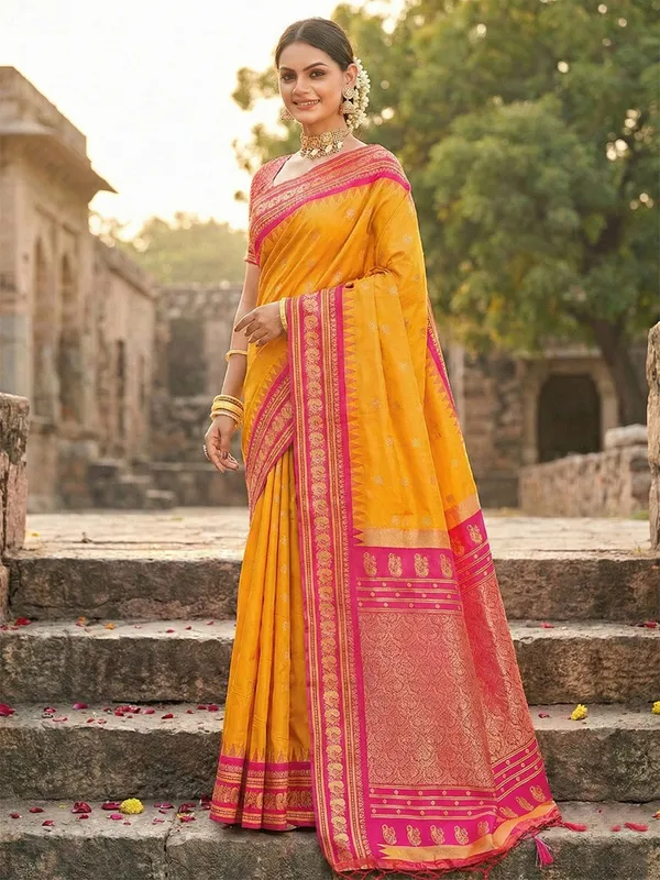 Yellow_Banarasi_Silk_Floral_Jaal_Golden_Zari_Border_Saree_For_Women