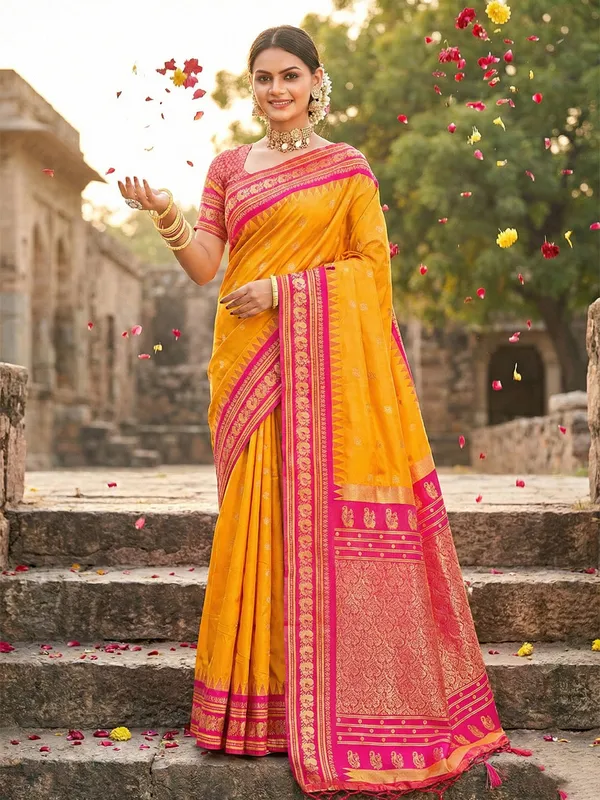 Yellow_Banarasi_Silk_Floral_Jaal_Golden_Zari_Border_Saree_For_Women