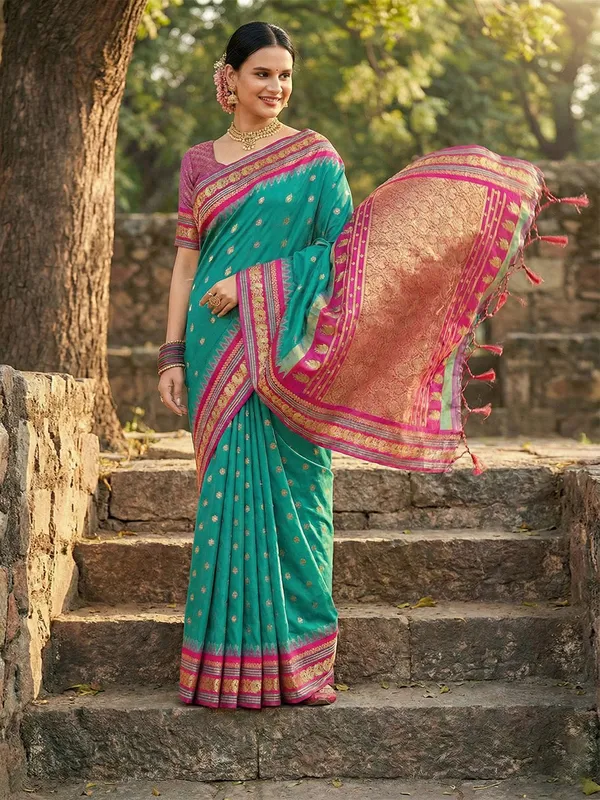 Sea_Green_Banarasi_Silk_Golden_Zari_Floral_Jaal_Saree_For_Women