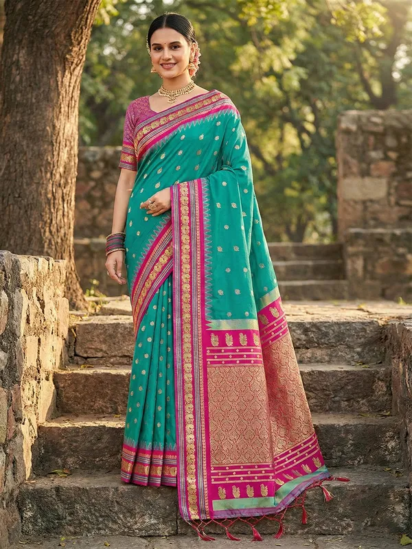 Sea_Green_Banarasi_Silk_Golden_Zari_Floral_Jaal_Saree_For_Women