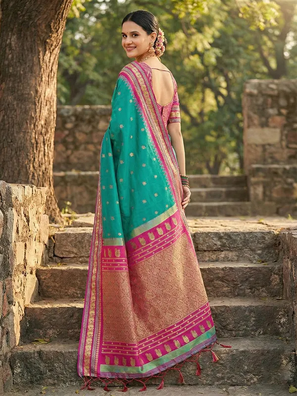 Sea_Green_Banarasi_Silk_Golden_Zari_Floral_Jaal_Saree_For_Women