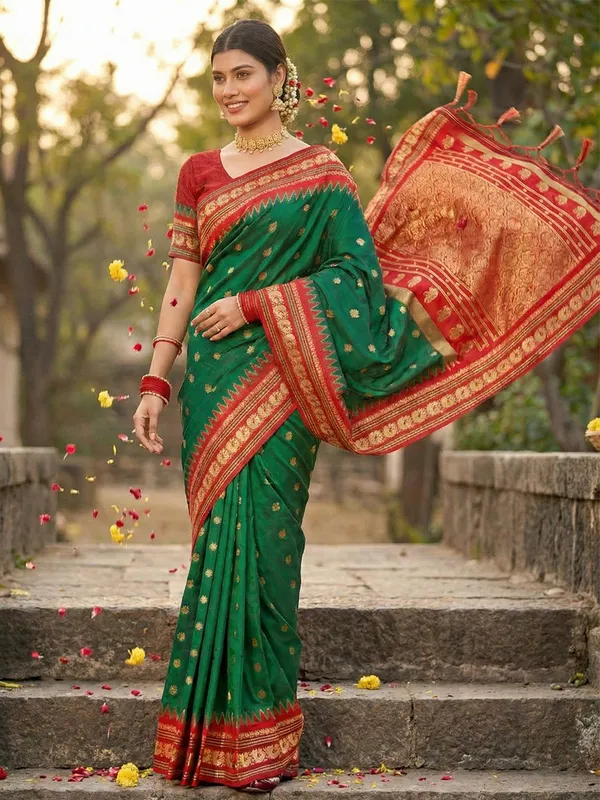 Green_Banarasi_Silk_Floral_Jaal_Golden_Zari_Border_Saree_For_Women