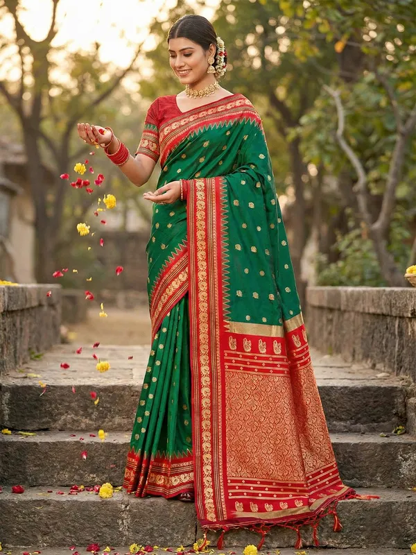 Green_Banarasi_Silk_Floral_Jaal_Golden_Zari_Border_Saree_For_Women