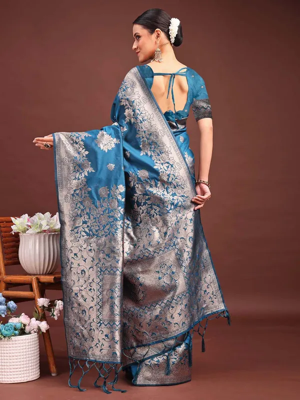 Ocean_Teal_Blue_Soft_Silk_Floral_Zari_Woven_Saree_For_Women
